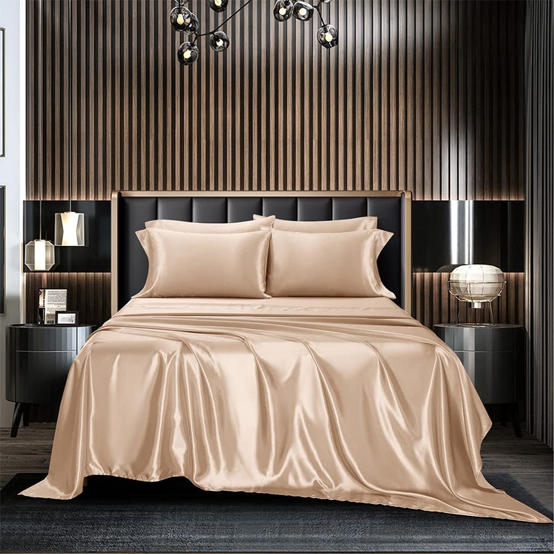 AiMay 6 Piece Satin Bedding Sheet Set Queen Taupe Deep Pocket 1800 Series Luxury Rich Silk Silky Super Soft Solid Color 4 Pillowcases Reversible Sexy Honeymoon Wrinkle Free (Queen, Taupe) - Image 2